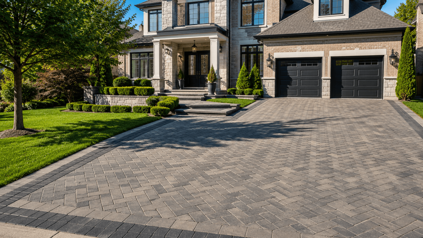 Interlocking paver driveway with front-entry landing in Oakville by McCoy Landscape Group