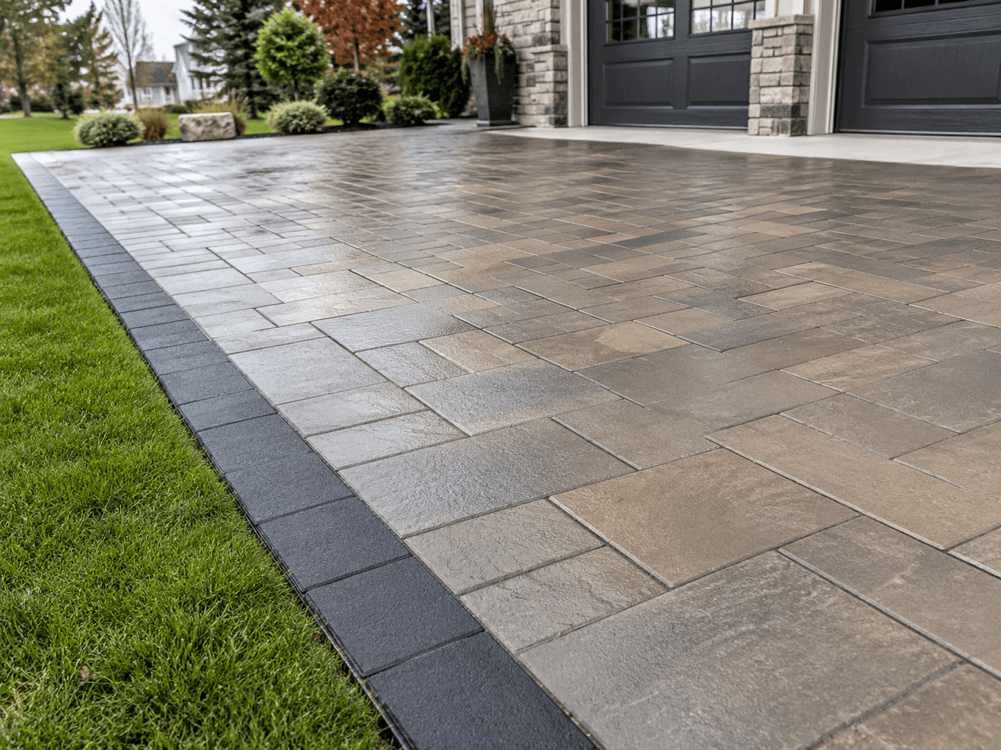Completed paver driveway with edge restraint and polymeric sand in West GTA