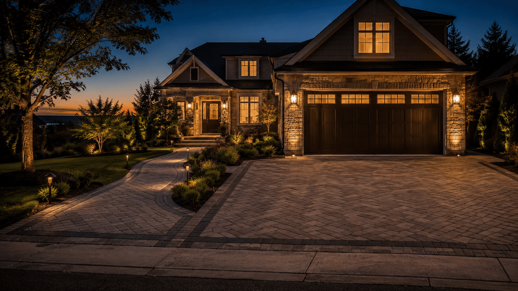 A finished paver driveway glowing at twilight in Oakville by McCoy Landscape Group