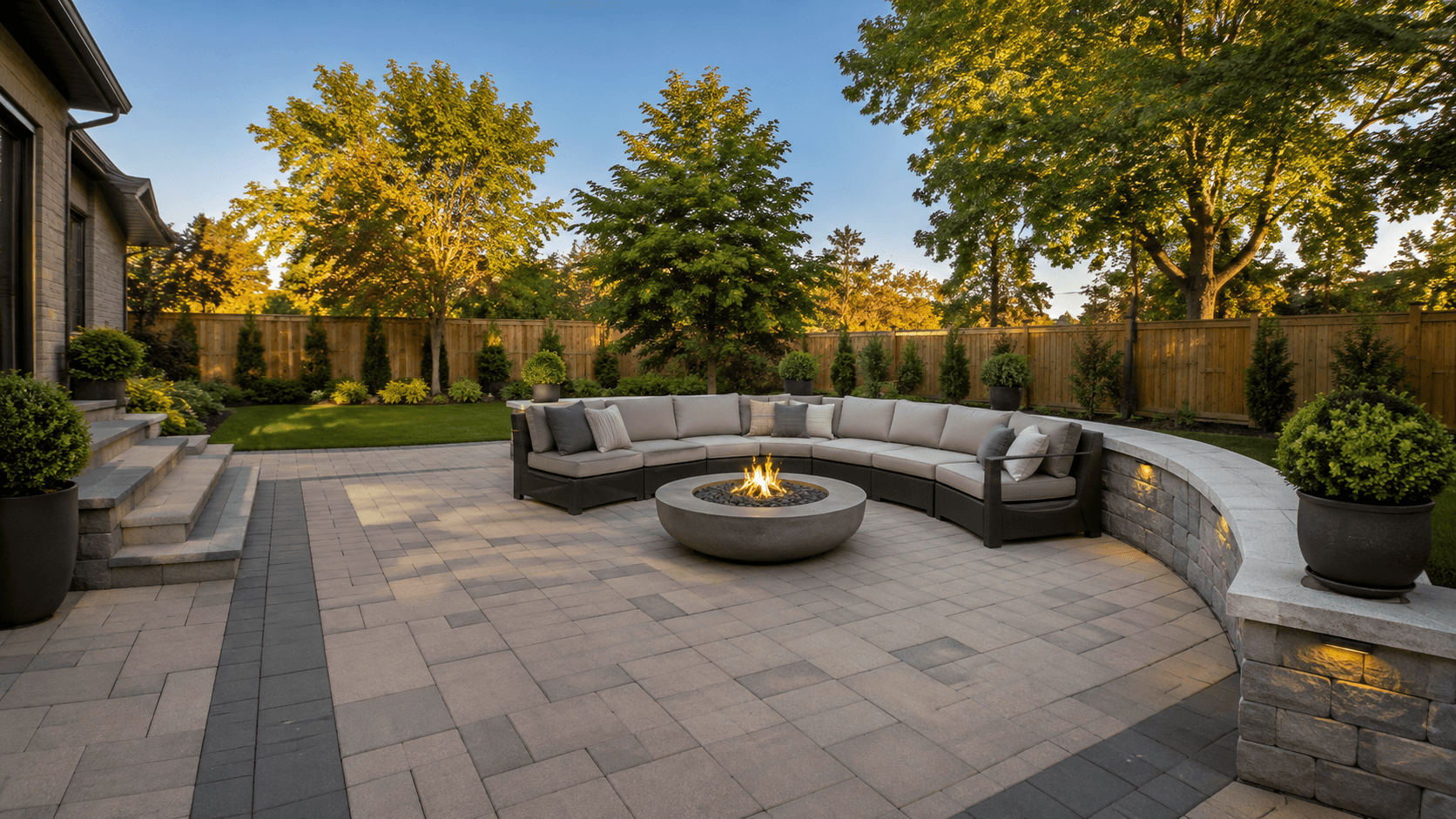 Backyard paver patio with seating wall and fire pit in Oakville by McCoy Landscape Group