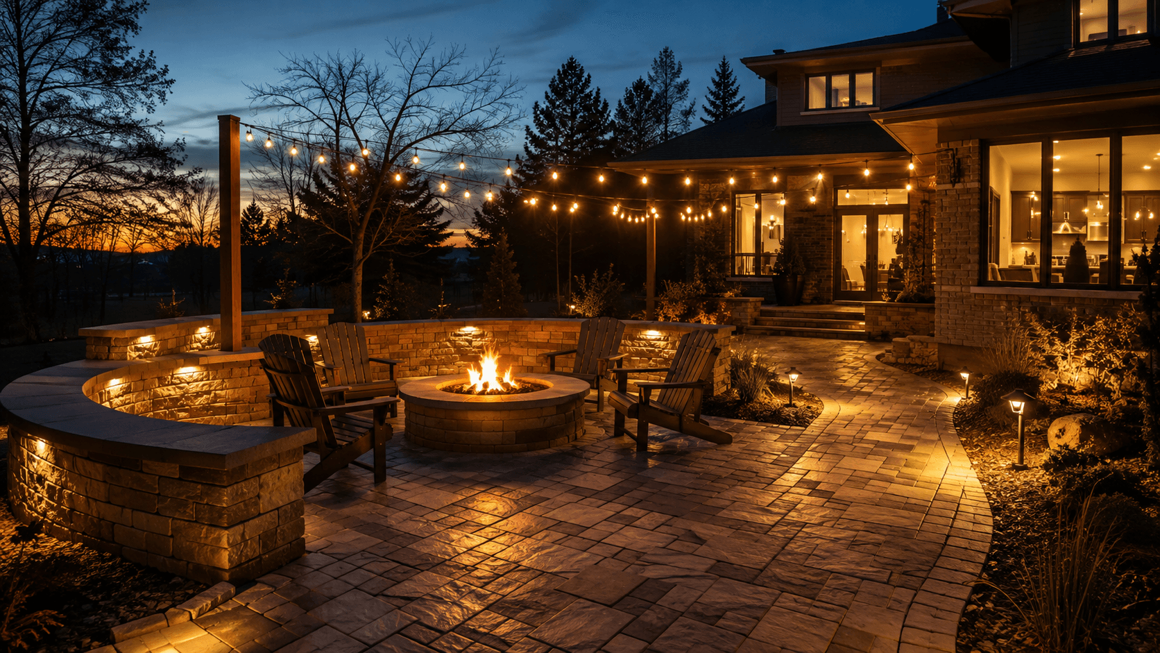 A finished backyard paver patio glowing at twilight in Oakville by McCoy Landscape Group
