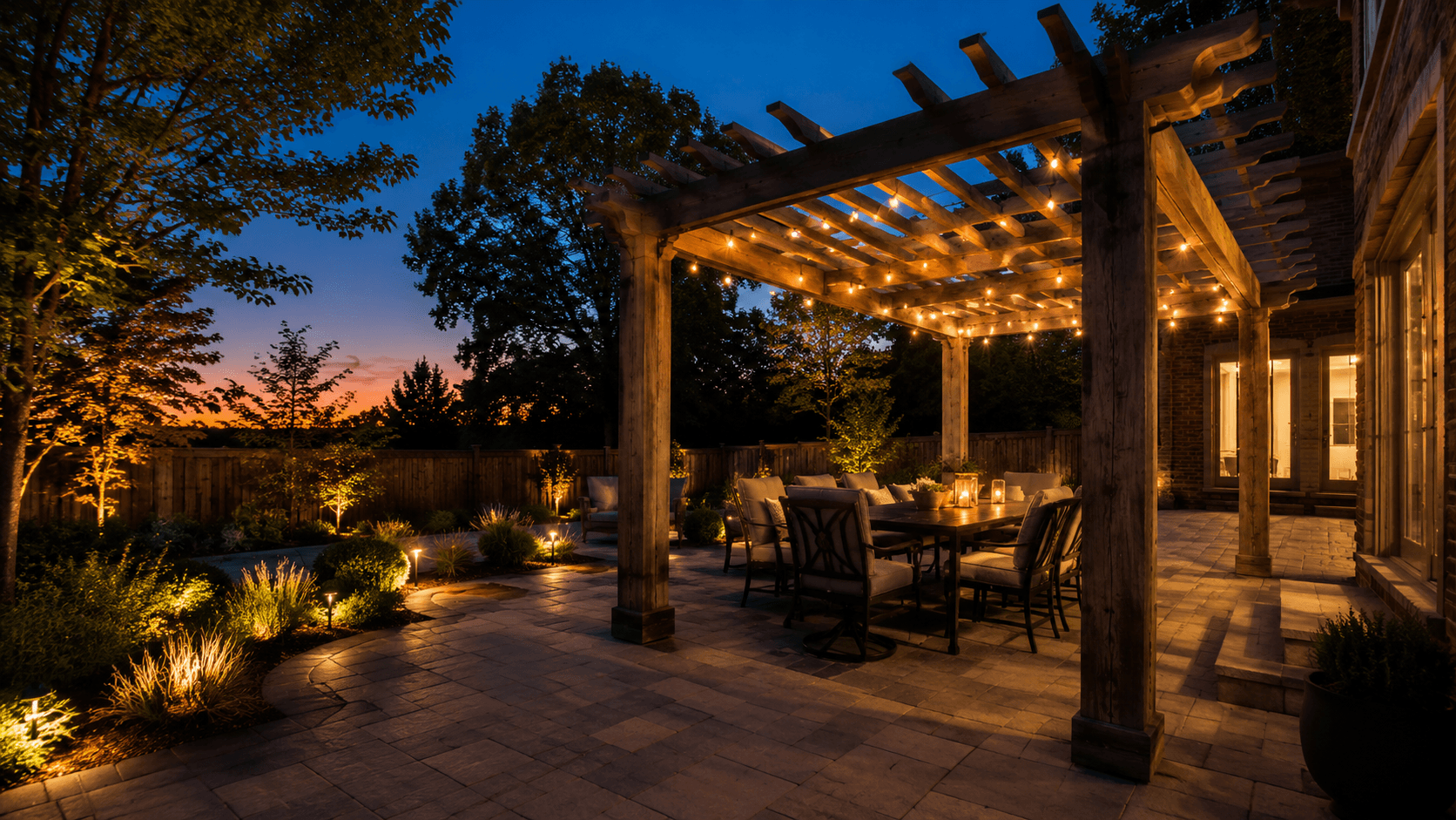 Custom cedar pergola over a paver patio at dusk on an Oakville property built by McCoy Landscape Group