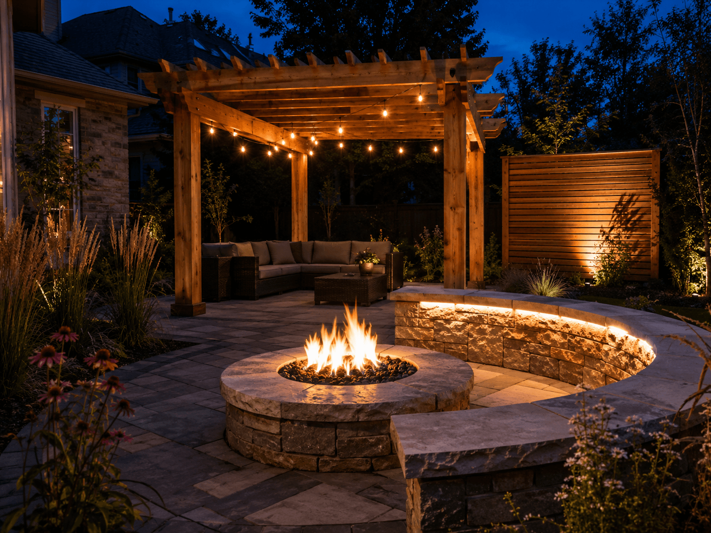 Cedar pergola over a paver patio tied into a fire feature and seating wall in Oakville by McCoy Landscape Group