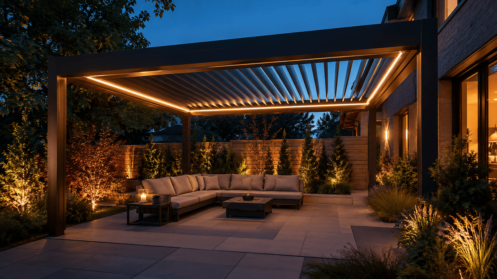 A pergola-covered patio glowing at twilight in Oakville by McCoy Landscape Group