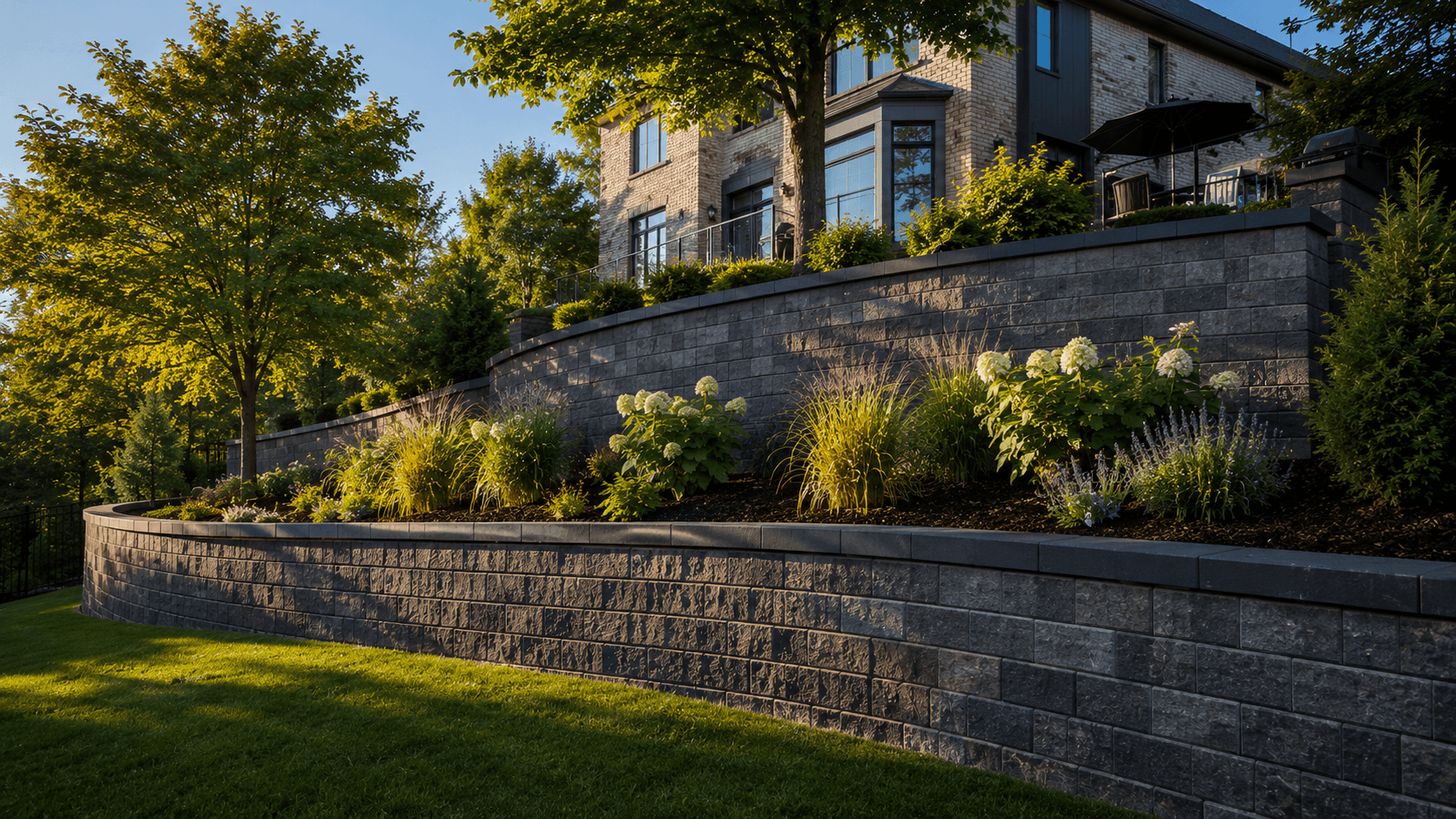 Terraced retaining wall installation on a sloped backyard in Oakville by McCoy Landscape Group