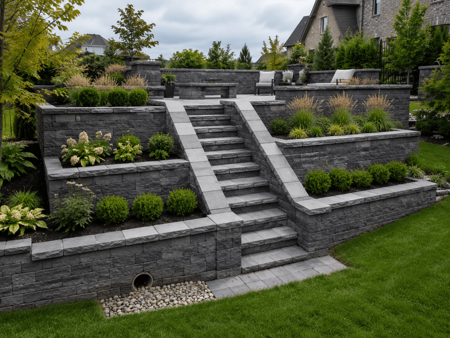 Multi-tier retaining wall terrace system in Oakville by McCoy Landscape Group