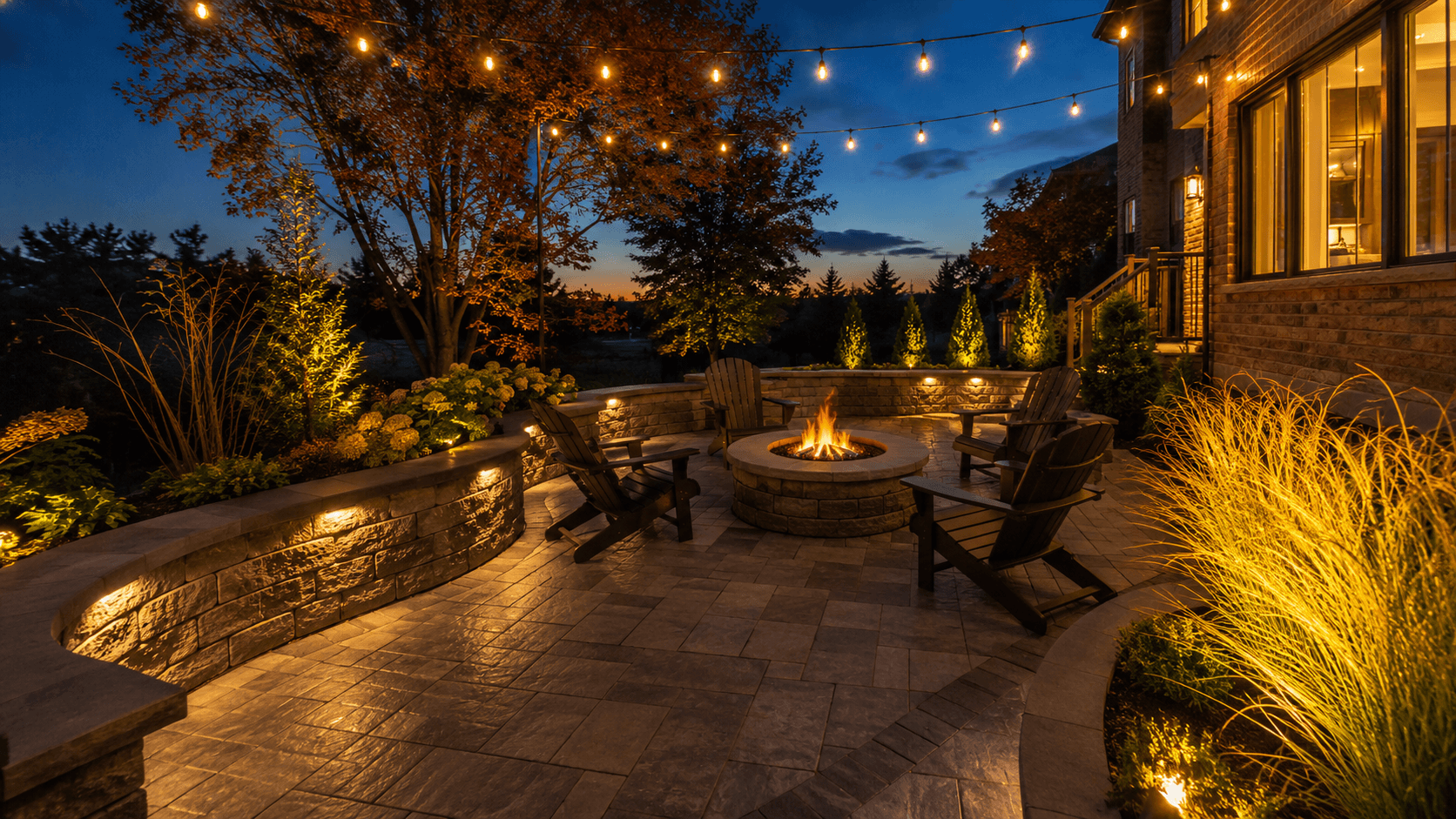 A finished terraced retaining wall glowing at twilight in Oakville by McCoy Landscape Group