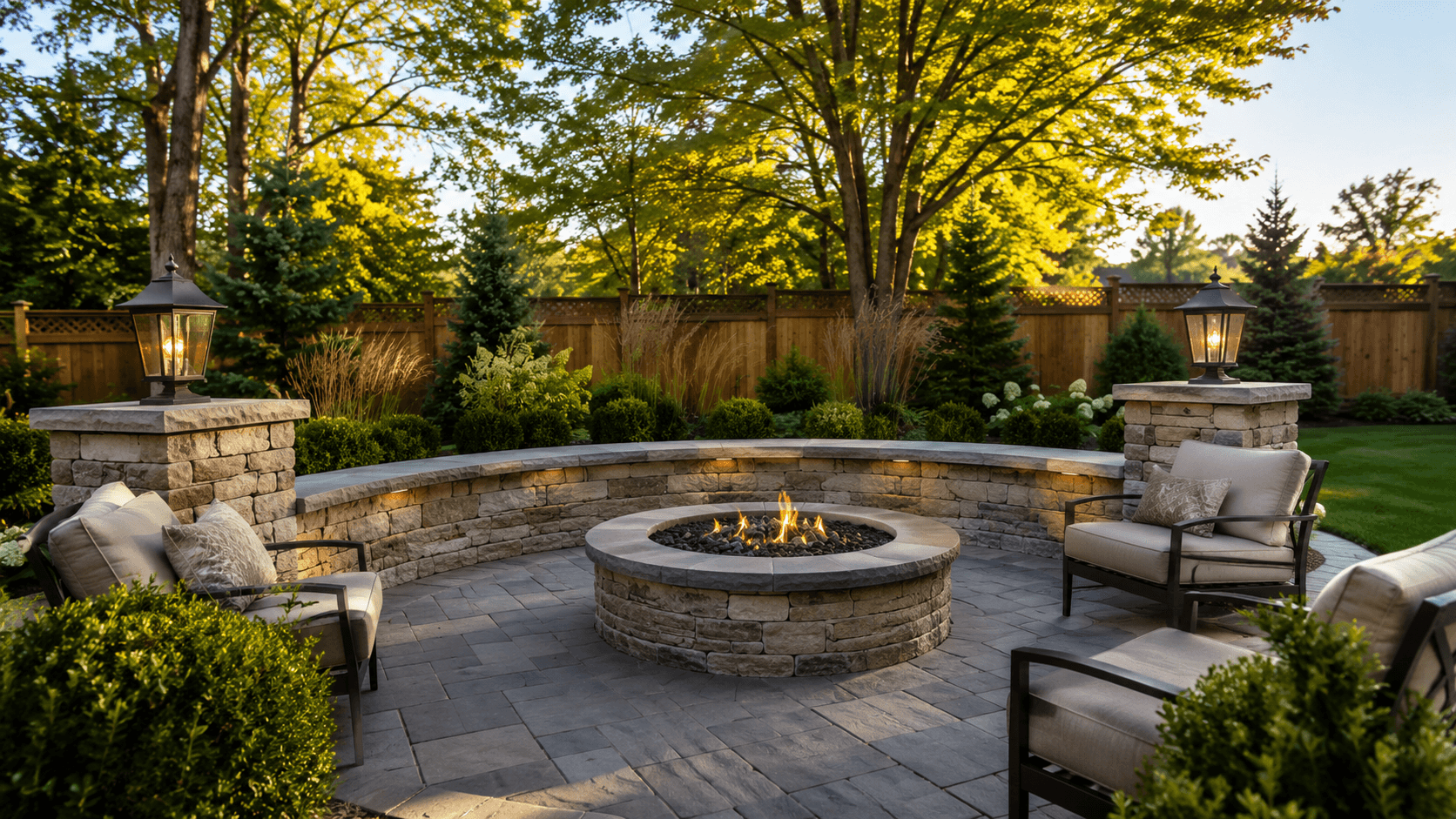 Curved natural stone seating wall with fire feature and matching stone pillars on an Oakville property built by McCoy Landscape Group