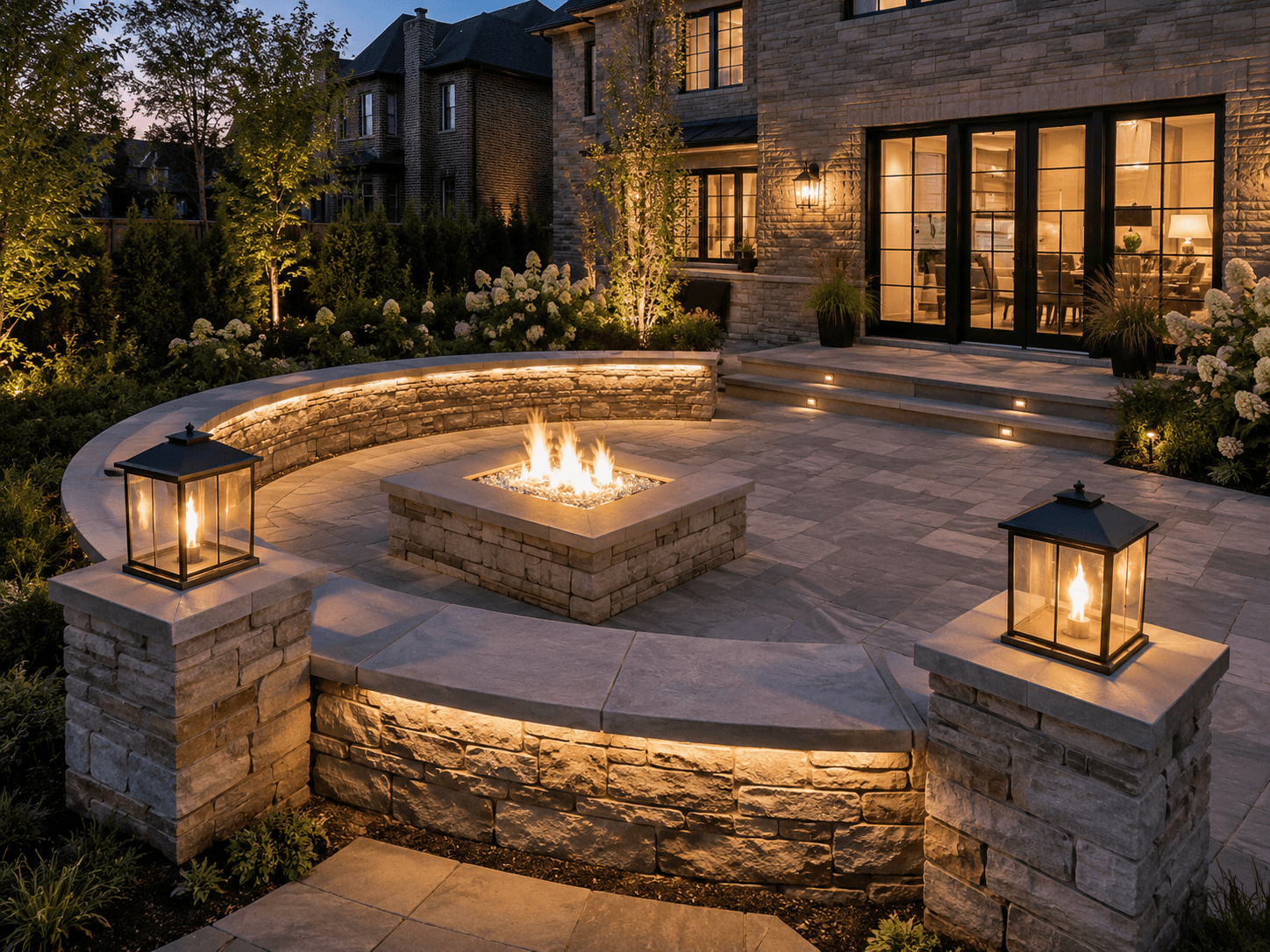 Curved stone seating wall with integrated fire feature and matching pillars in Oakville by McCoy Landscape Group