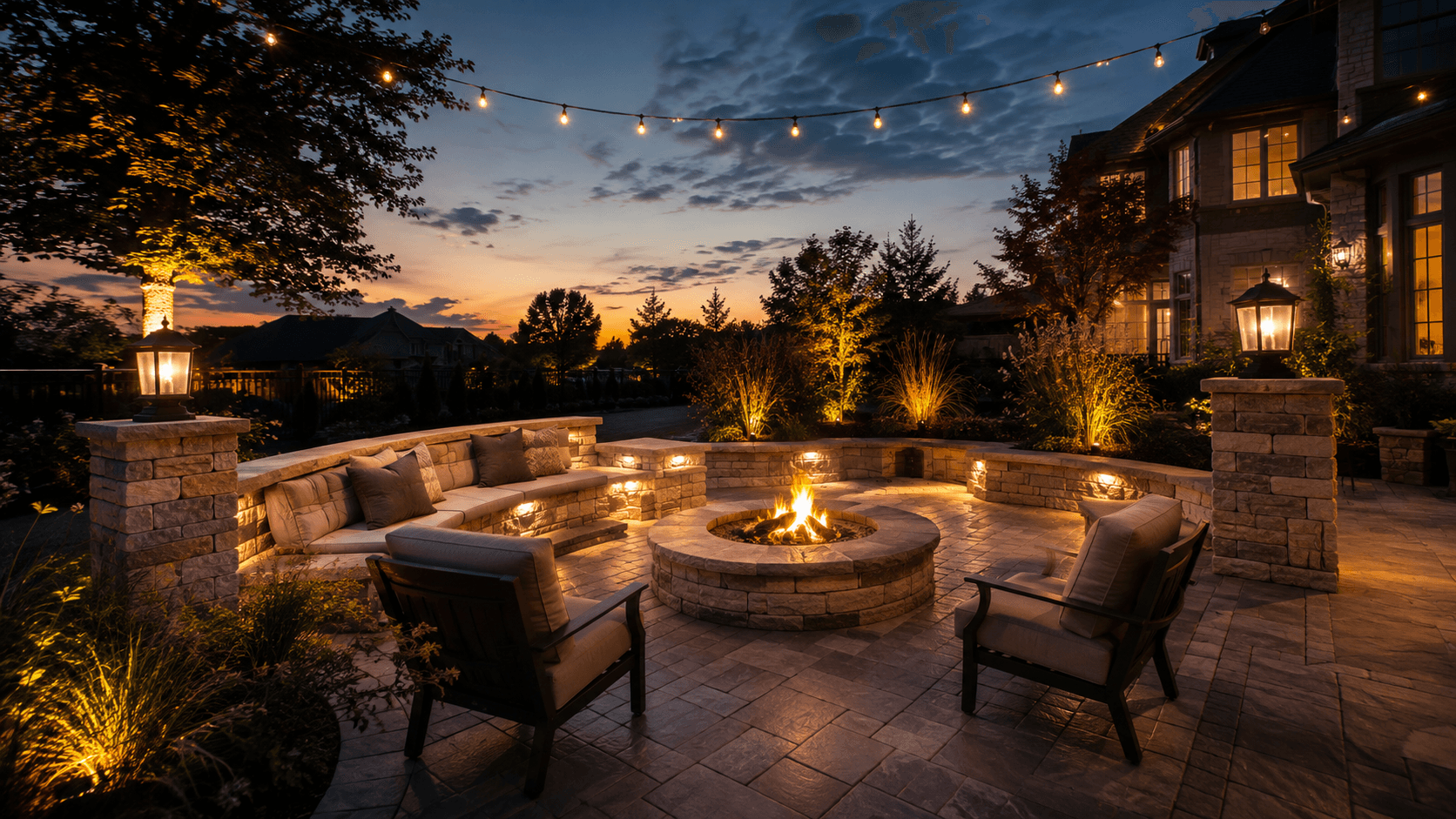 A curved stone seating wall glowing at twilight in Oakville by McCoy Landscape Group