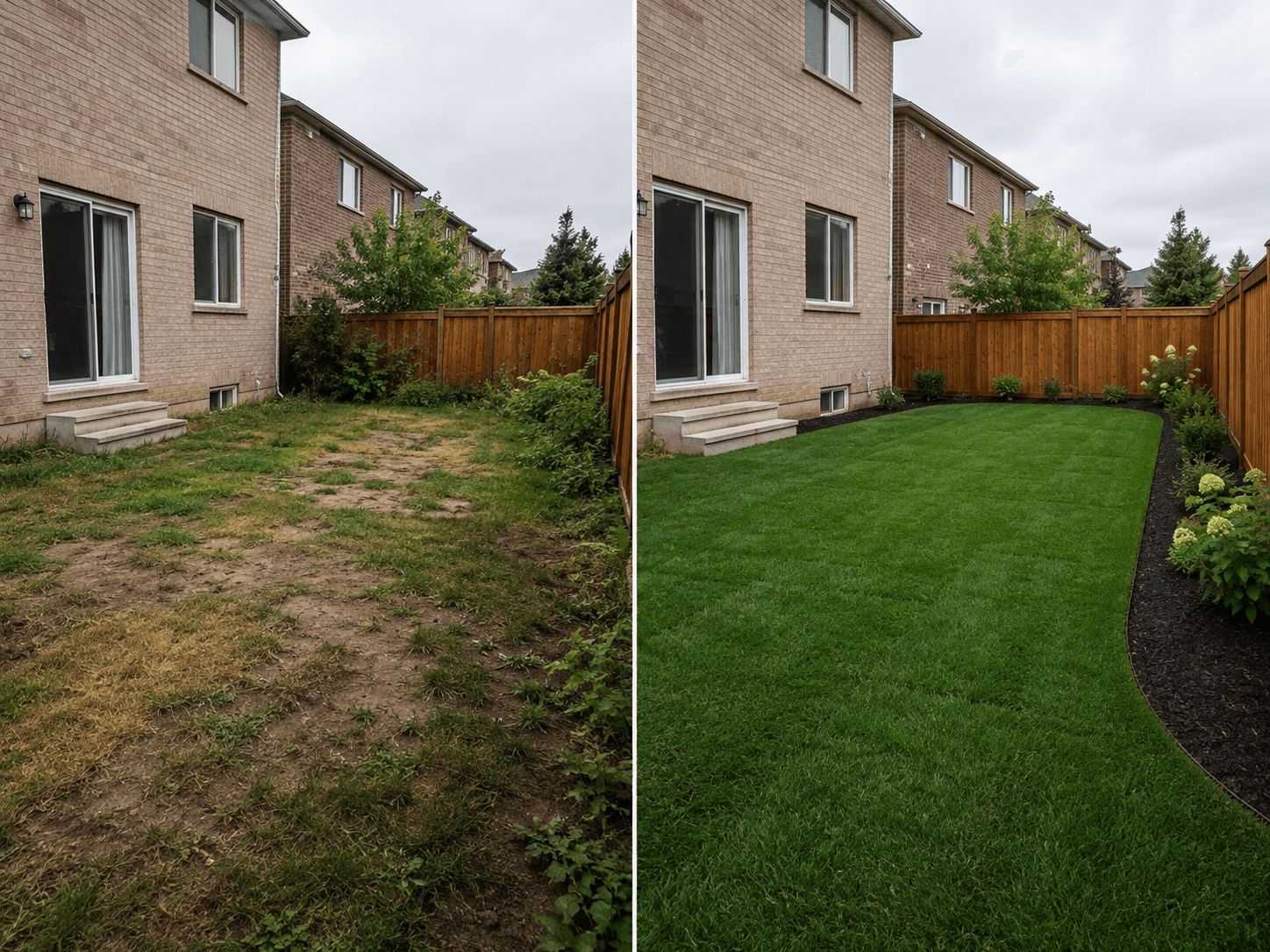 A worn-out backyard stripped, re-graded, top-dressed, and laid with fresh sod in Oakville by McCoy Landscape Group