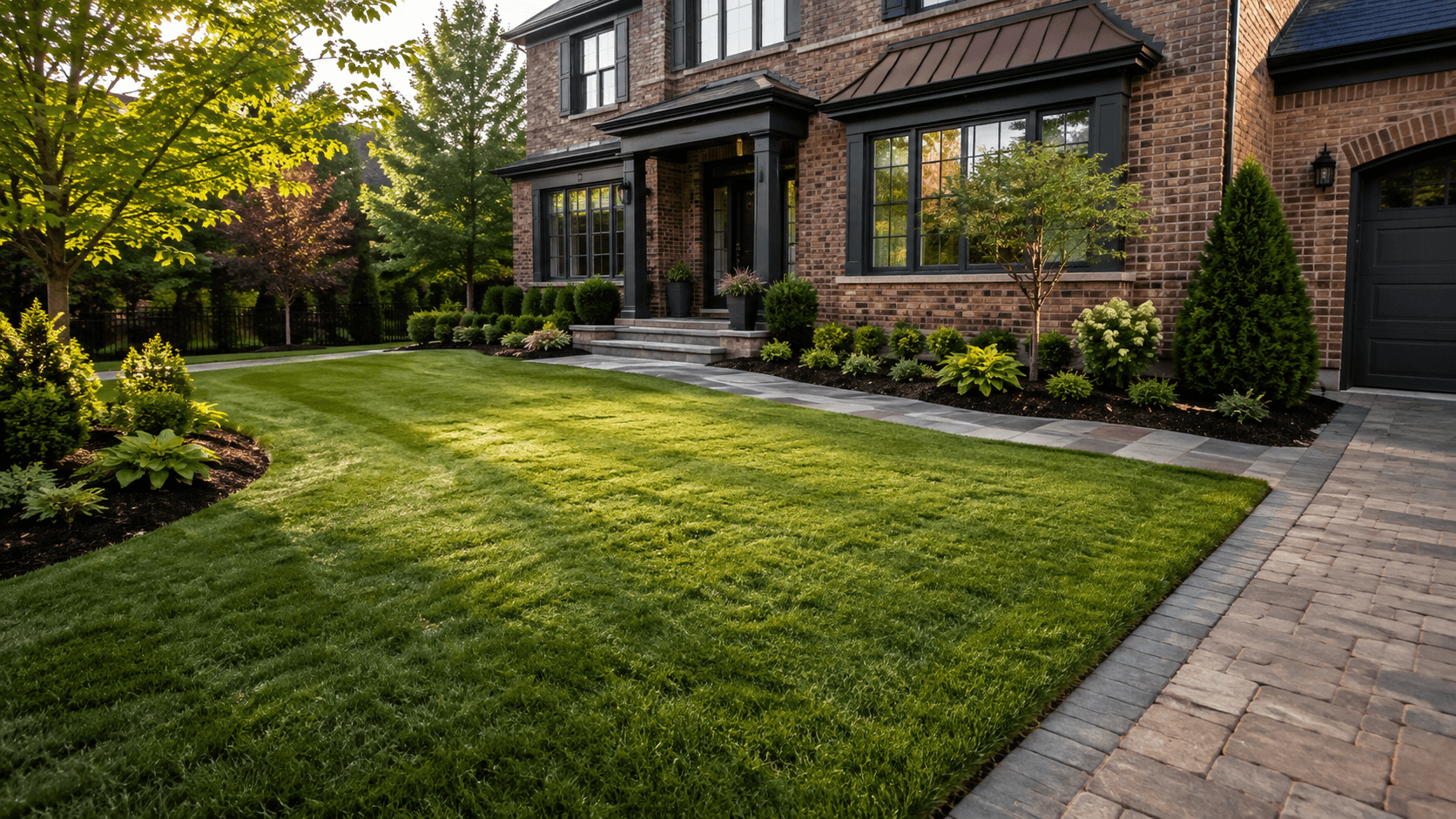 A freshly sodded lawn glowing at twilight in Oakville by McCoy Landscape Group