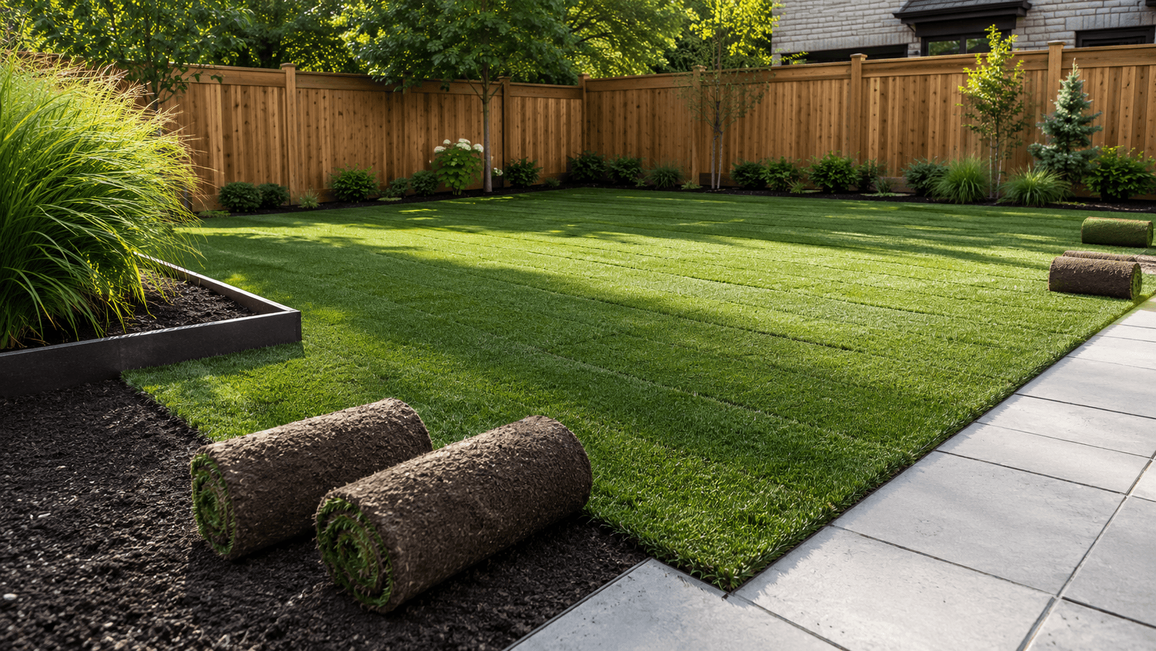Fresh, even sod lawn laid over prepped soil on an Oakville property by McCoy Landscape Group