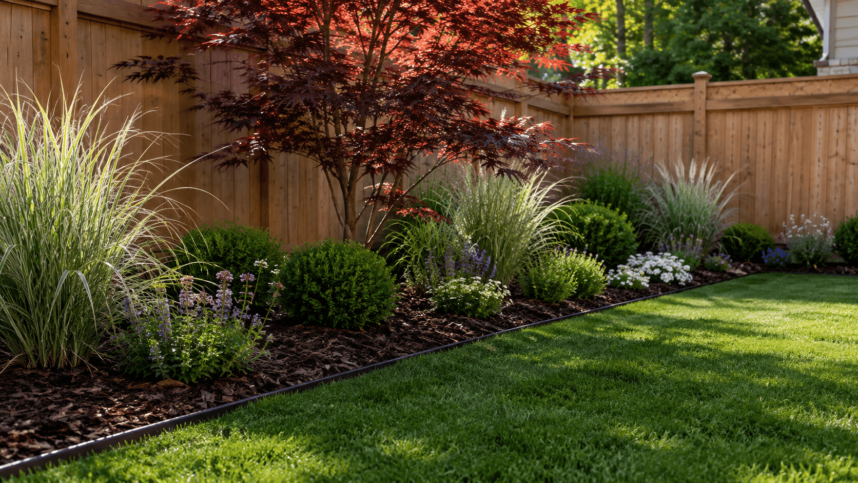 A finished softscape and lawn glowing at twilight in Oakville by McCoy Landscape Group