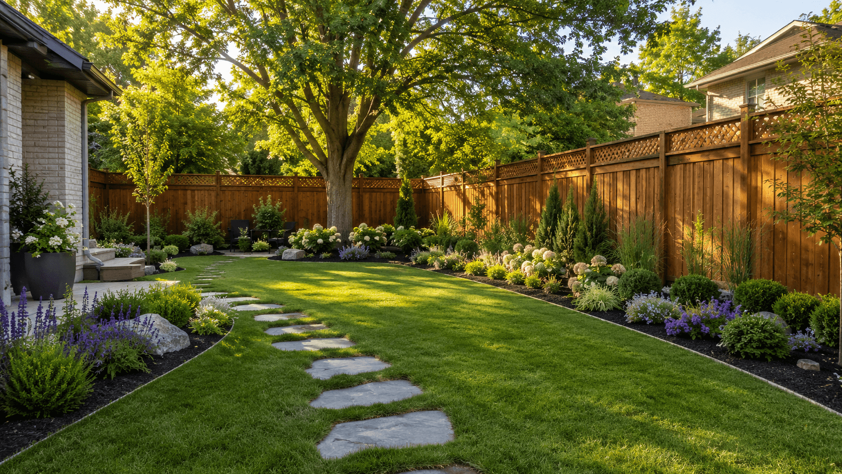 Softscape build — fresh sod lawn, mulched garden beds, ornamental grasses, and Japanese maple on a McCoy Landscape Group install